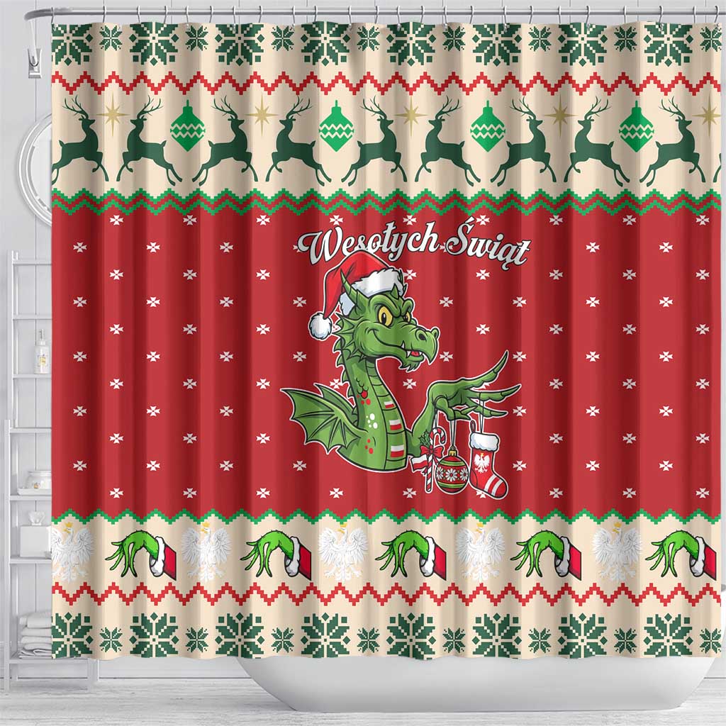 Poland Dinosaur Christmas Shower Curtain Polish Smok Wawelski Wesołych Swiat - Wonder Print Shop