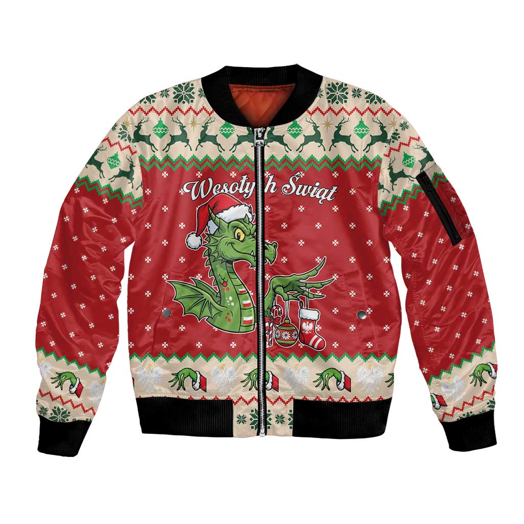 Poland Dinosaur Christmas Sleeve Zip Bomber Jacket Polish Smok Wawelski Wesołych Swiat - Wonder Print Shop