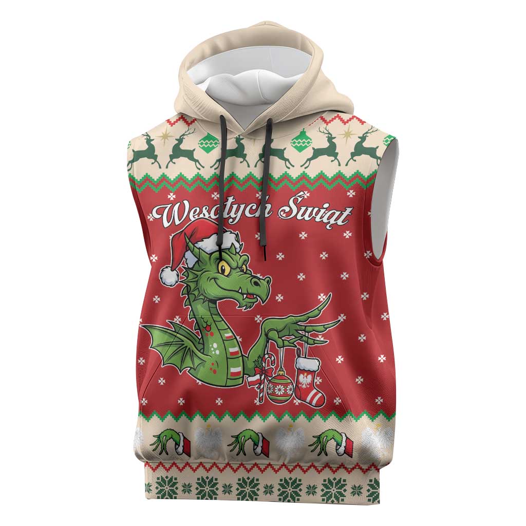 Poland Dinosaur Christmas Sleeveless Hoodie Polish Smok Wawelski Wesołych Swiat - Wonder Print Shop