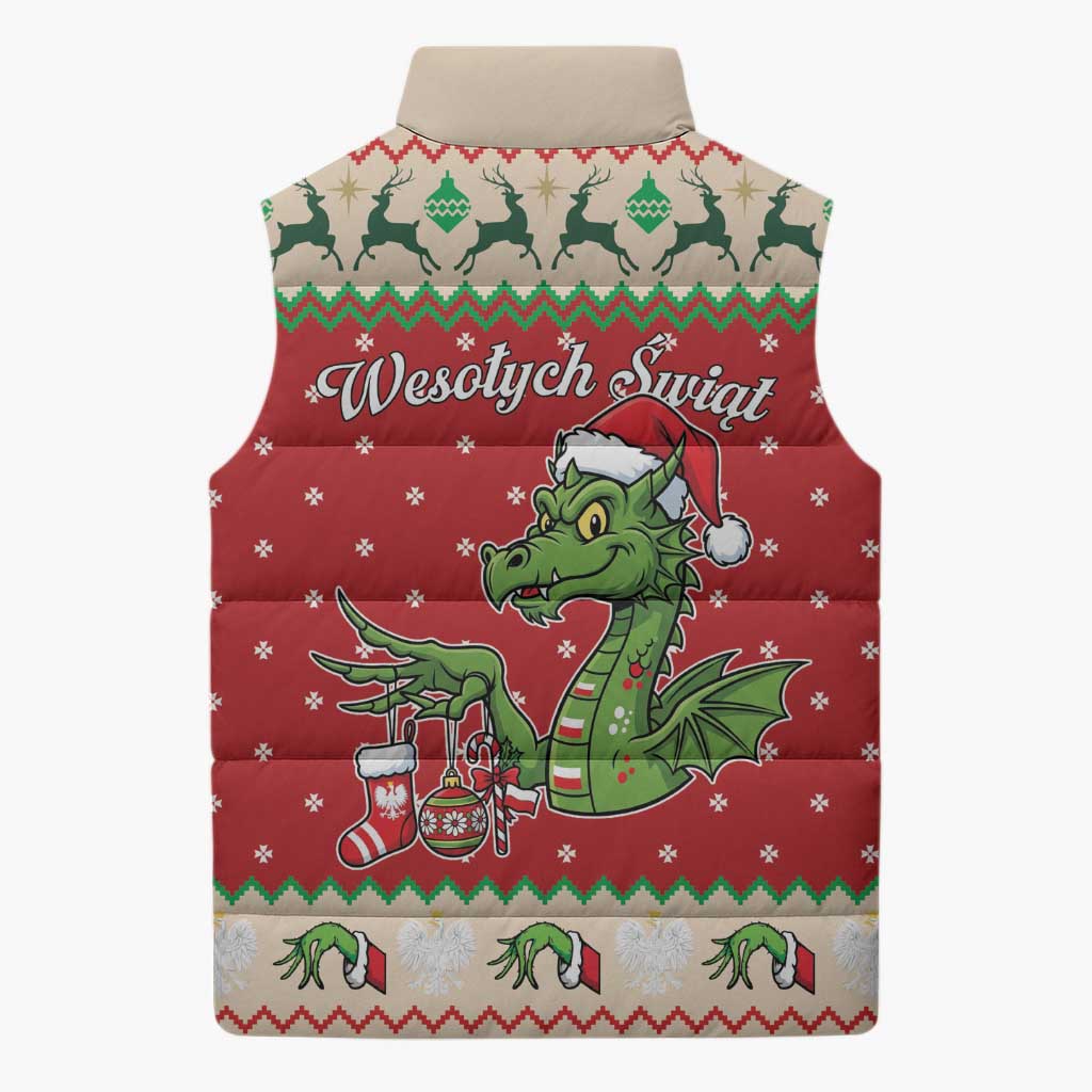 Poland Dinosaur Christmas Sleeveless Puffer Jacket Polish Smok Wawelski Wesołych Swiat - Wonder Print Shop