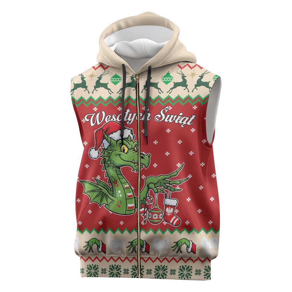 Poland Dinosaur Christmas Sleeveless Zip Hoodie Polish Smok Wawelski Wesołych Swiat - Wonder Print Shop