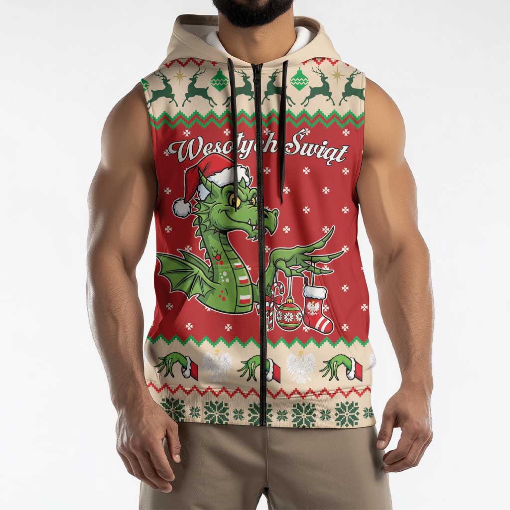 Poland Dinosaur Christmas Sleeveless Zip Hoodie Polish Smok Wawelski Wesołych Swiat - Wonder Print Shop