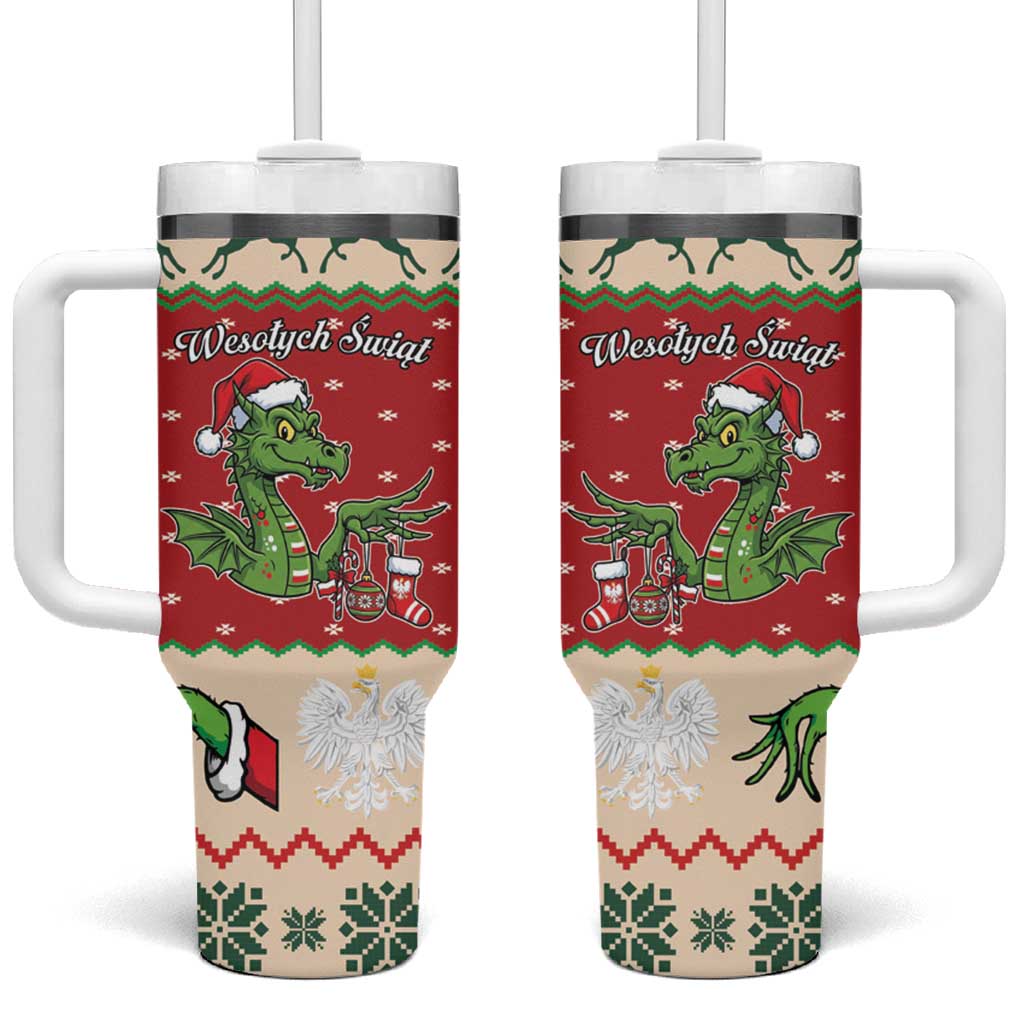 Poland Dinosaur Christmas Tumbler With Handle Polish Smok Wawelski Wesołych Swiat - Wonder Print Shop