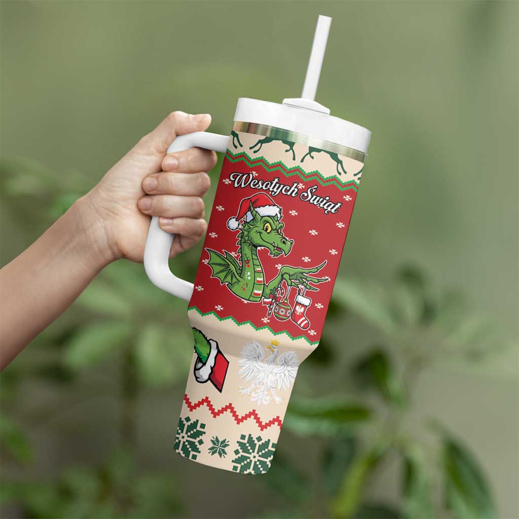Poland Dinosaur Christmas Tumbler With Handle Polish Smok Wawelski Wesołych Swiat - Wonder Print Shop