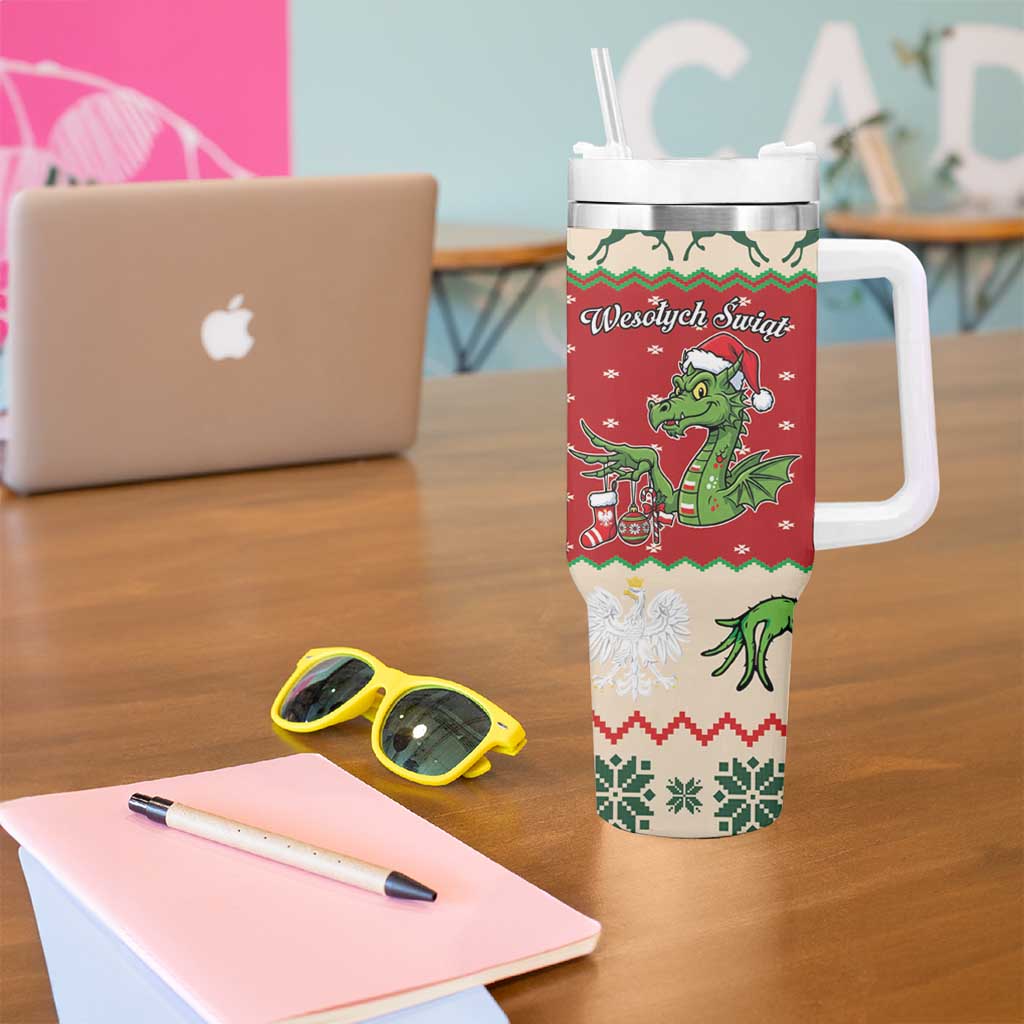 Poland Dinosaur Christmas Tumbler With Handle Polish Smok Wawelski Wesołych Swiat - Wonder Print Shop