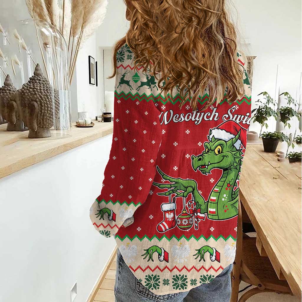 Poland Dinosaur Christmas Women Casual Shirt Polish Smok Wawelski Wesołych Swiat - Wonder Print Shop