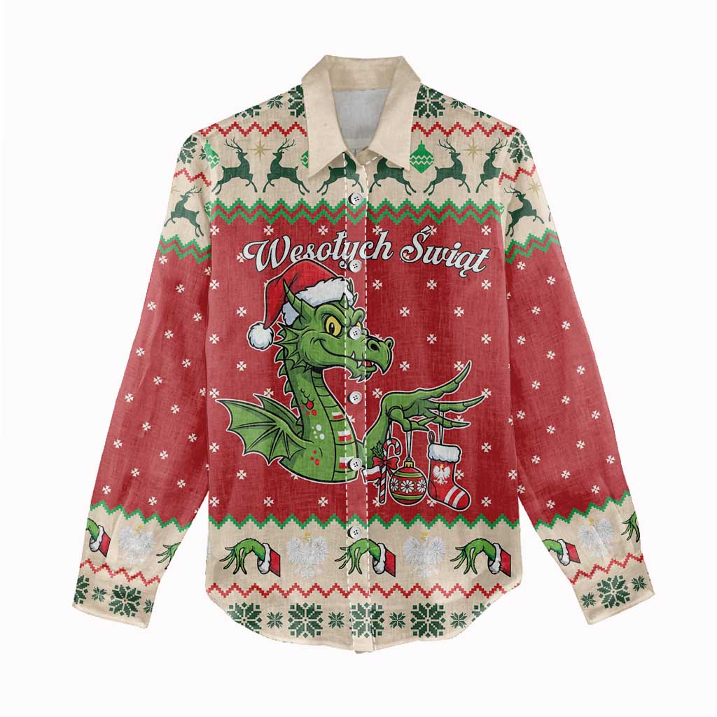 Poland Dinosaur Christmas Women Casual Shirt Polish Smok Wawelski Wesołych Swiat - Wonder Print Shop