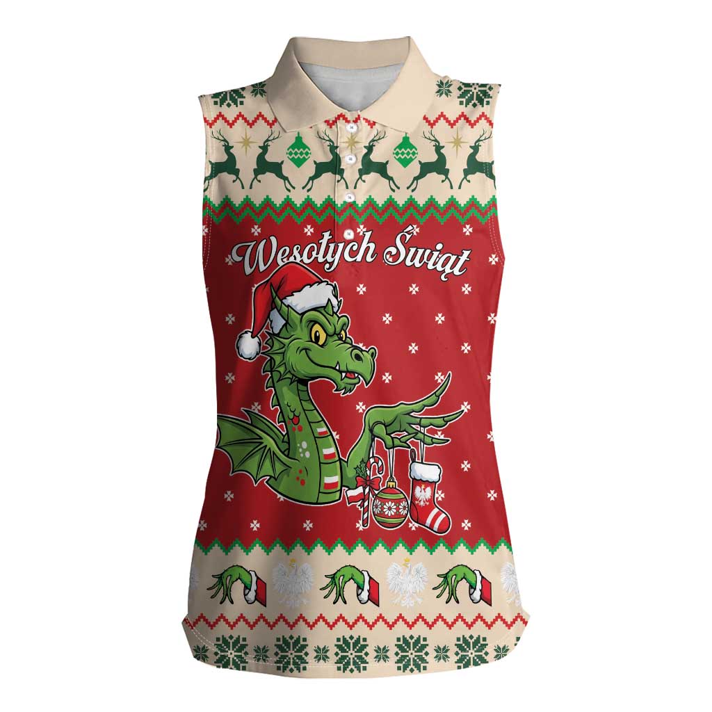 Poland Dinosaur Christmas Women Sleeveless Polo Shirt Polish Smok Wawelski Wesołych Swiat - Wonder Print Shop