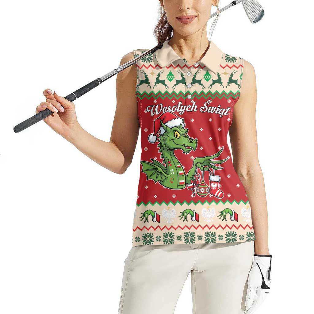 Poland Dinosaur Christmas Women Sleeveless Polo Shirt Polish Smok Wawelski Wesołych Swiat - Wonder Print Shop