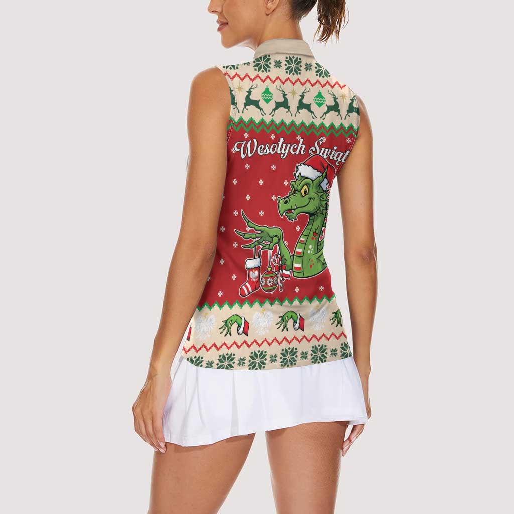 Poland Dinosaur Christmas Women Sleeveless Polo Shirt Polish Smok Wawelski Wesołych Swiat - Wonder Print Shop