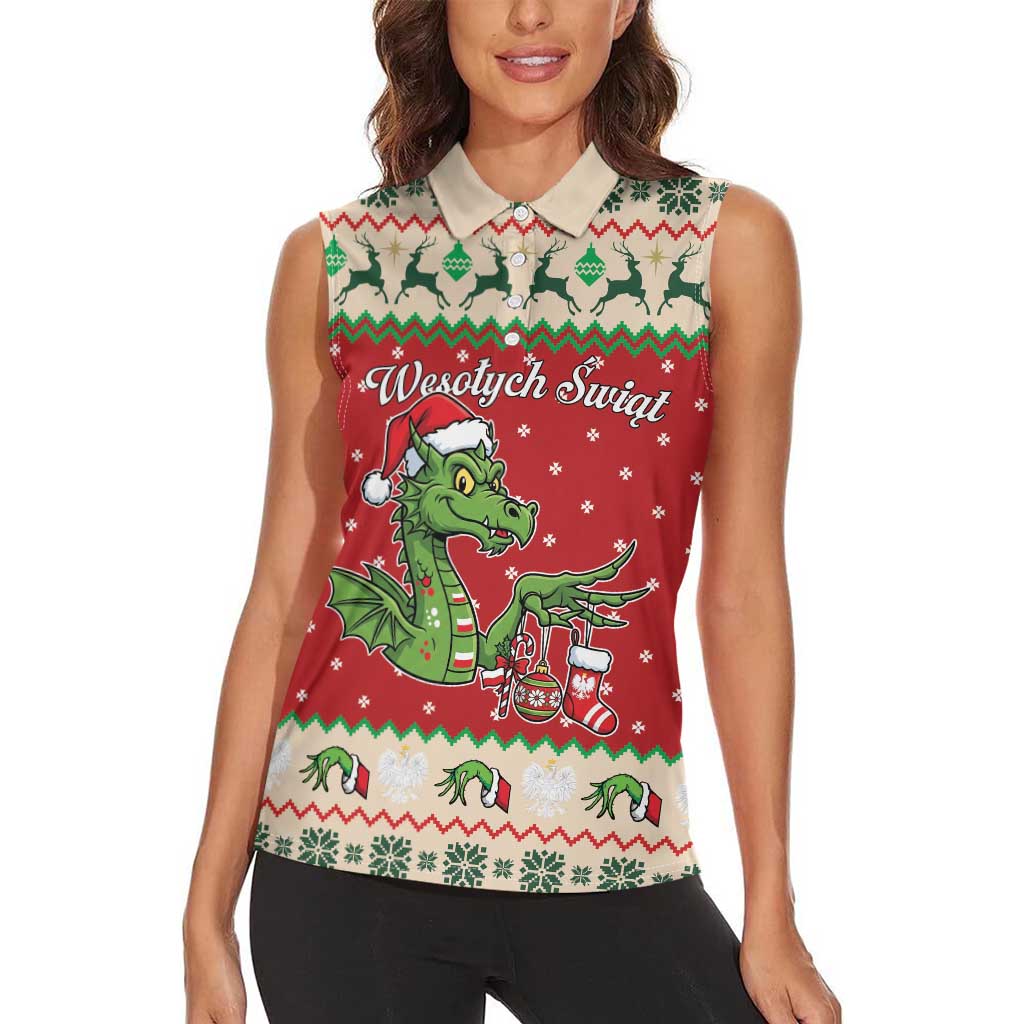 Poland Dinosaur Christmas Women Sleeveless Polo Shirt Polish Smok Wawelski Wesołych Swiat - Wonder Print Shop
