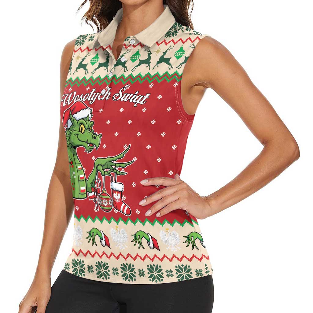Poland Dinosaur Christmas Women Sleeveless Polo Shirt Polish Smok Wawelski Wesołych Swiat - Wonder Print Shop