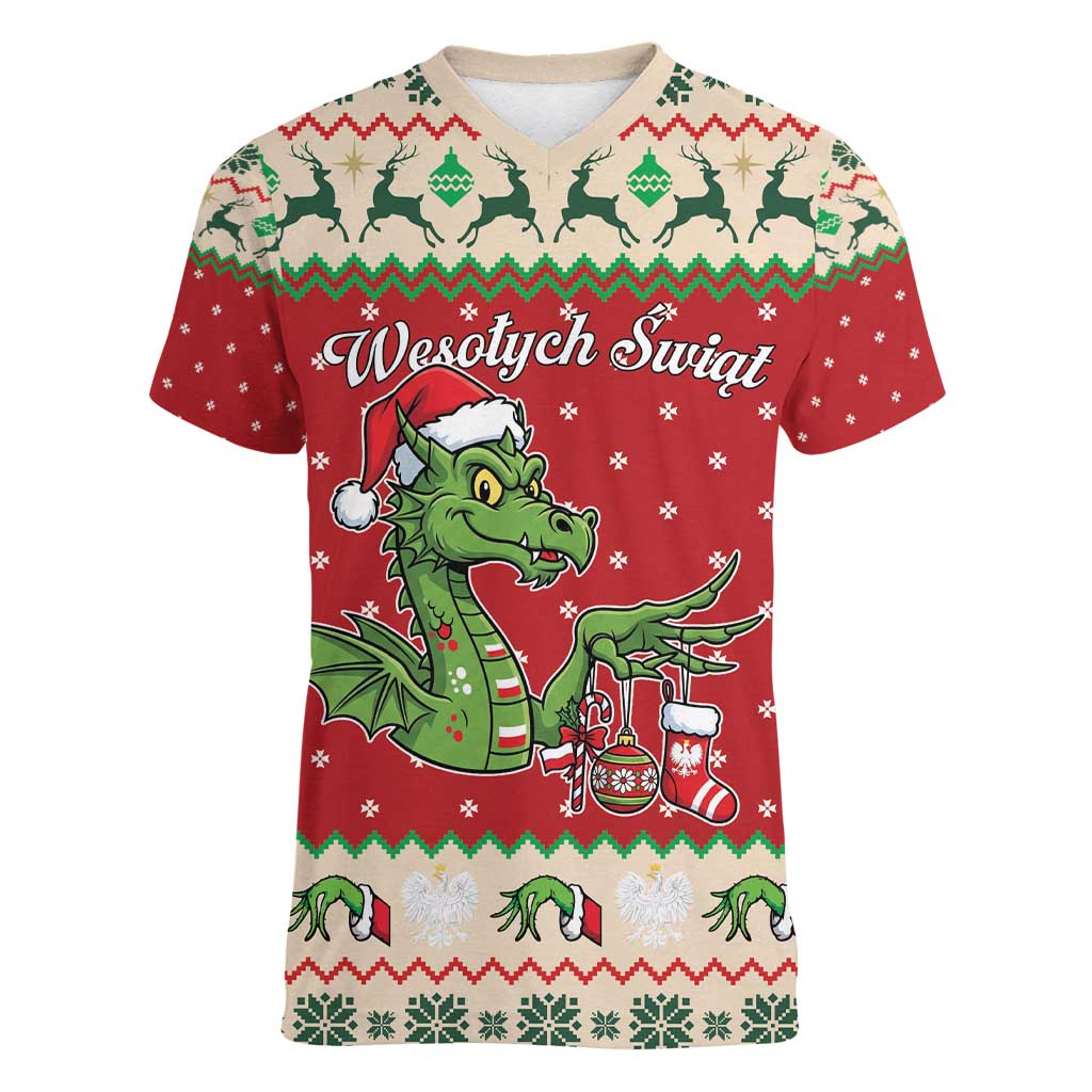 Poland Dinosaur Christmas Women V-Neck T-Shirt Polish Smok Wawelski Wesołych Swiat - Wonder Print Shop