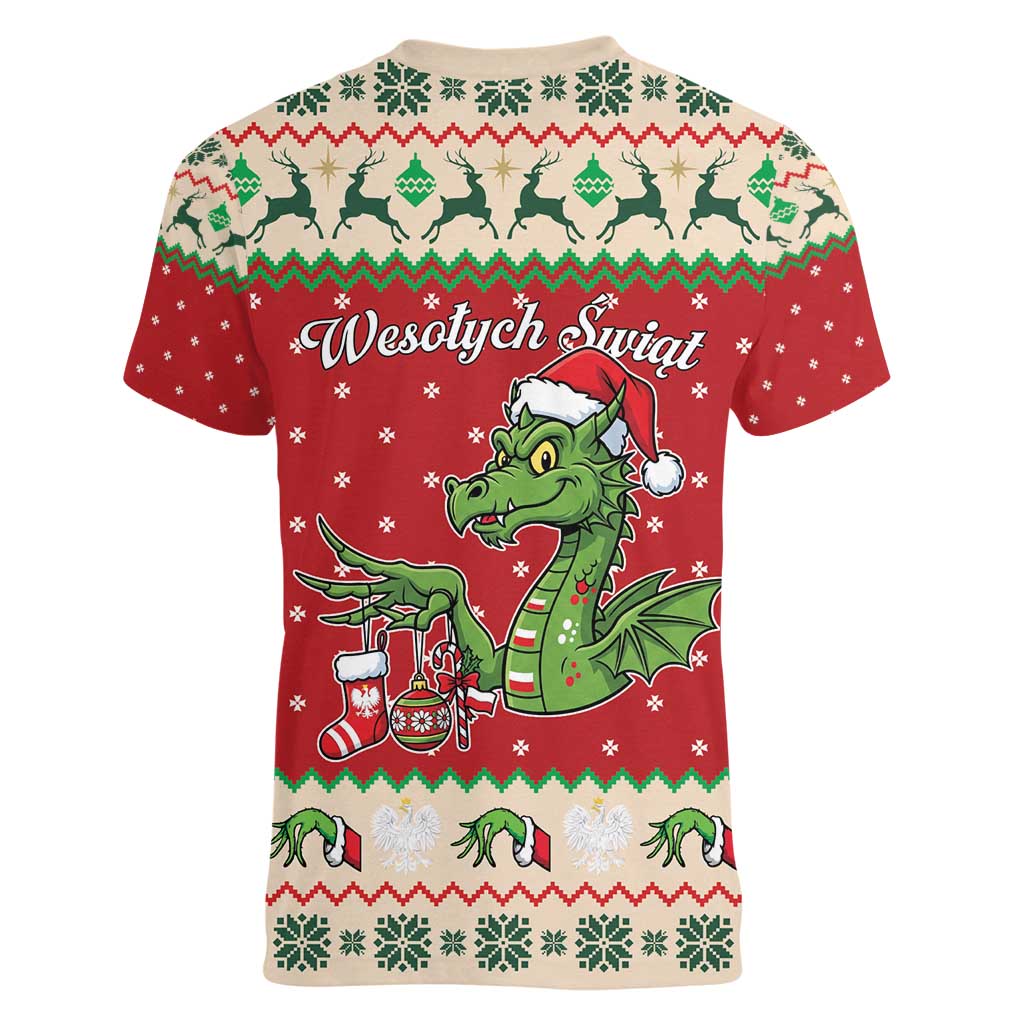 Poland Dinosaur Christmas Women V-Neck T-Shirt Polish Smok Wawelski Wesołych Swiat - Wonder Print Shop