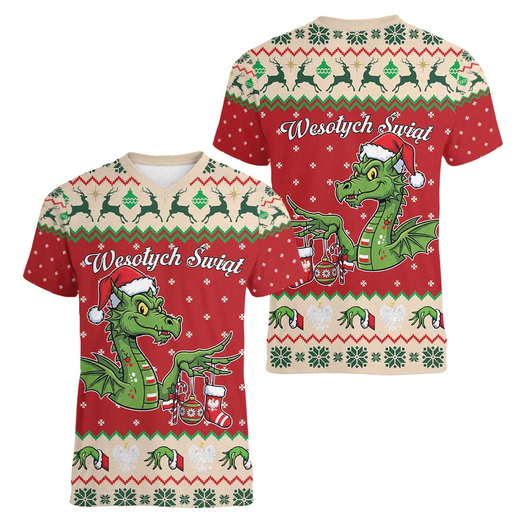 Poland Dinosaur Christmas Women V-Neck T-Shirt Polish Smok Wawelski Wesołych Swiat - Wonder Print Shop