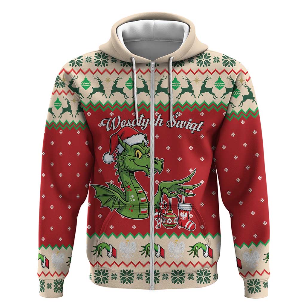 Poland Dinosaur Christmas Zip Hoodie Polish Smok Wawelski Wesołych Swiat - Wonder Print Shop