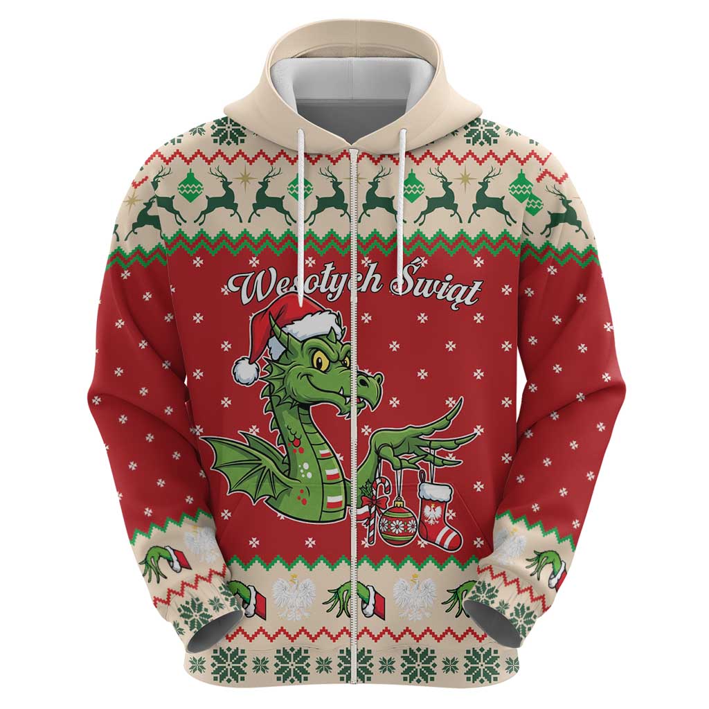 Poland Dinosaur Christmas Zip Hoodie Polish Smok Wawelski Wesołych Swiat - Wonder Print Shop