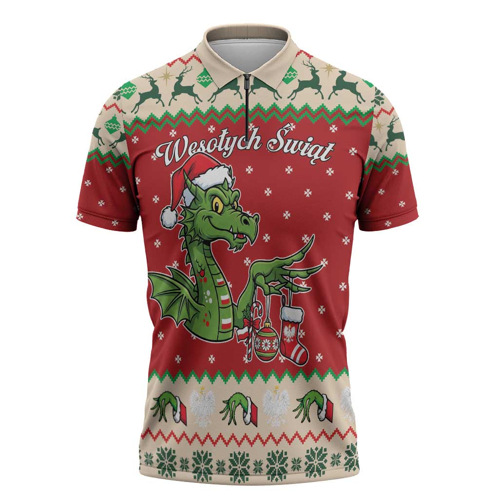 Poland Dinosaur Christmas Zipper Polo Shirt Polish Smok Wawelski Wesołych Swiat - Wonder Print Shop