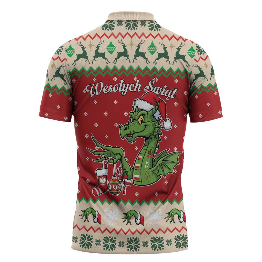 Poland Dinosaur Christmas Zipper Polo Shirt Polish Smok Wawelski Wesołych Swiat - Wonder Print Shop
