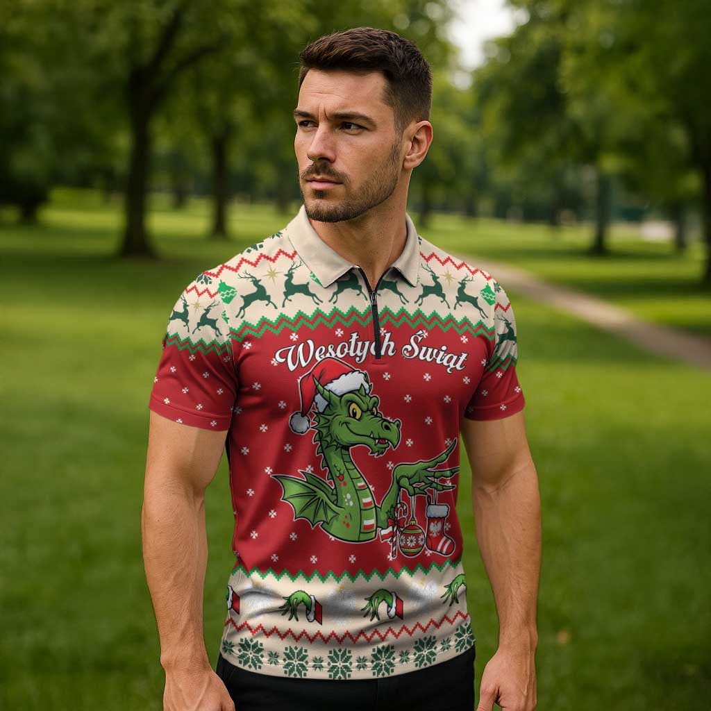 Poland Dinosaur Christmas Zipper Polo Shirt Polish Smok Wawelski Wesołych Swiat - Wonder Print Shop