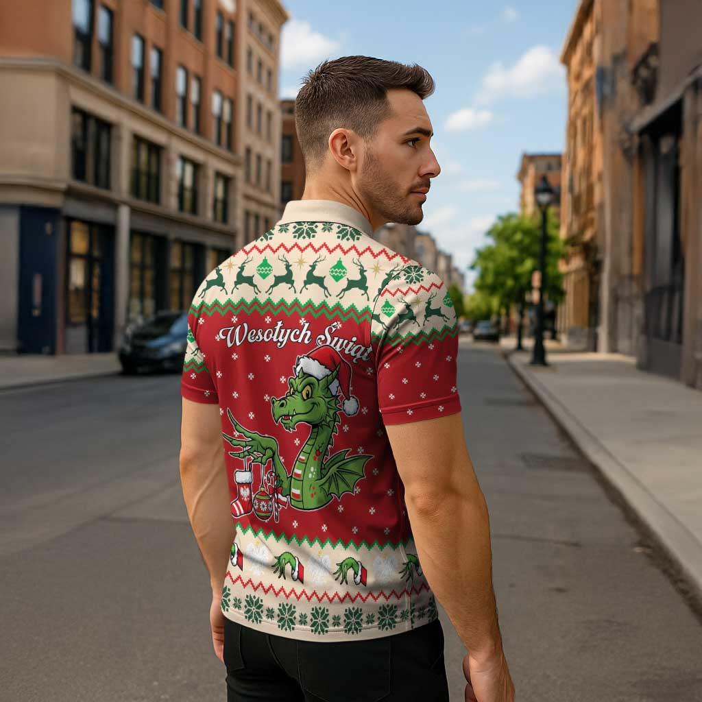 Poland Dinosaur Christmas Zipper Polo Shirt Polish Smok Wawelski Wesołych Swiat - Wonder Print Shop