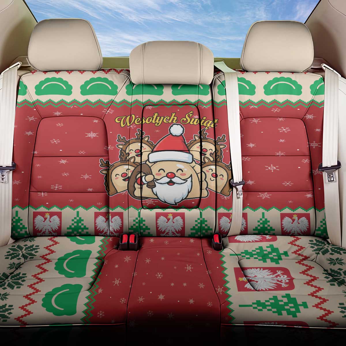 Poland Christmas Back Car Seat Cover Pierogi Mascot Santa Claus Wesołych Swiat - Wonder Print Shop