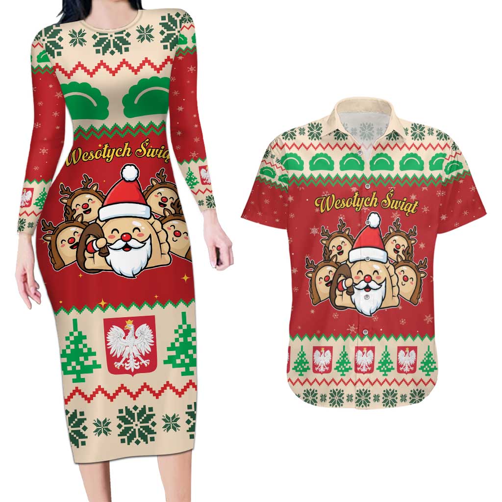 Poland Christmas Couples Matching Long Sleeve Bodycon Dress and Hawaiian Shirt Pierogi Mascot Santa Claus Wesołych Swiat - Wonder Print Shop