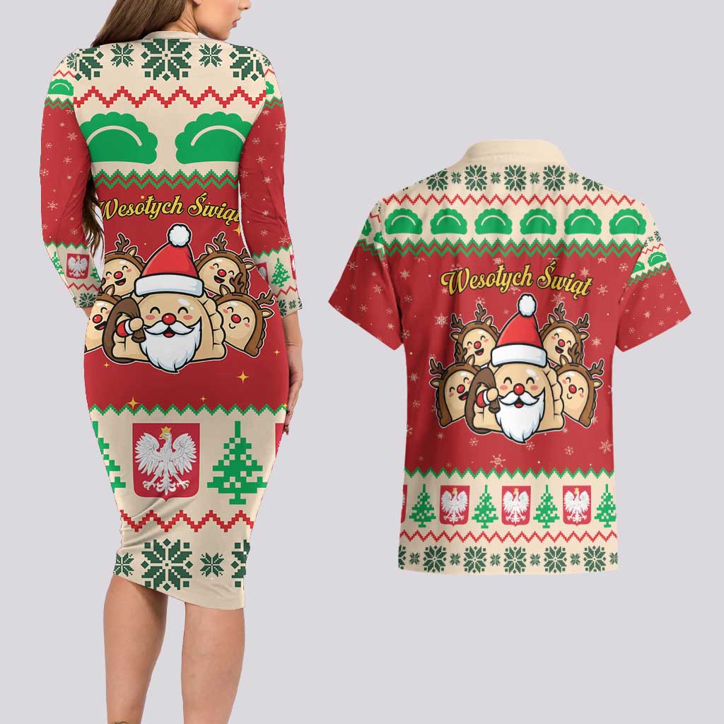 Poland Christmas Couples Matching Long Sleeve Bodycon Dress and Hawaiian Shirt Pierogi Mascot Santa Claus Wesołych Swiat - Wonder Print Shop