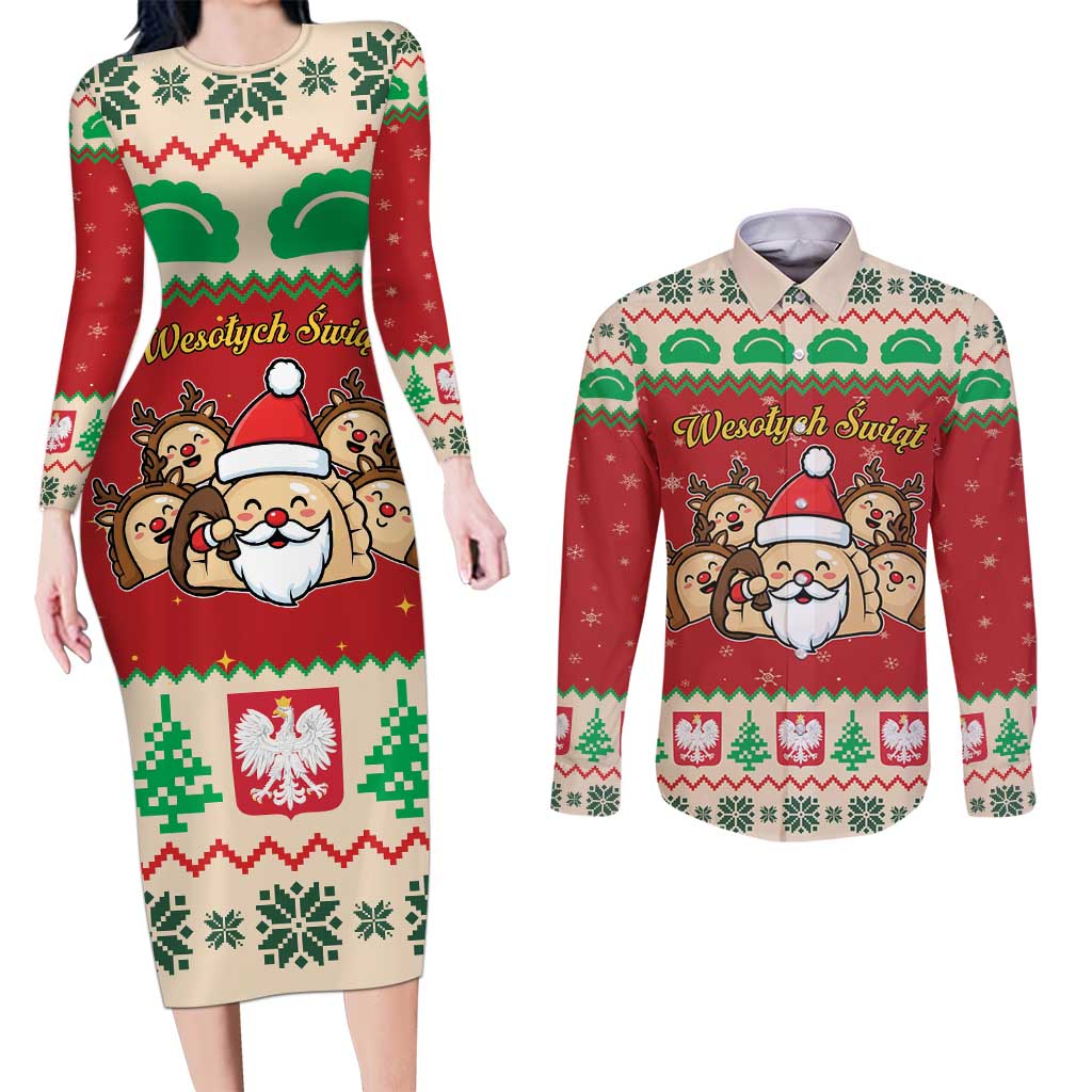 Poland Christmas Couples Matching Long Sleeve Bodycon Dress and Long Sleeve Button Shirt Pierogi Mascot Santa Claus Wesołych Swiat - Wonder Print Shop