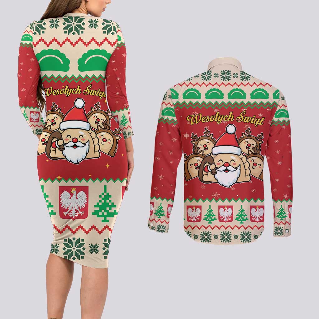 Poland Christmas Couples Matching Long Sleeve Bodycon Dress and Long Sleeve Button Shirt Pierogi Mascot Santa Claus Wesołych Swiat - Wonder Print Shop