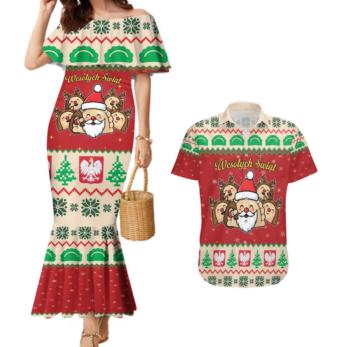 Poland Christmas Couples Matching Mermaid Dress and Hawaiian Shirt Pierogi Mascot Santa Claus Wesołych Swiat - Wonder Print Shop