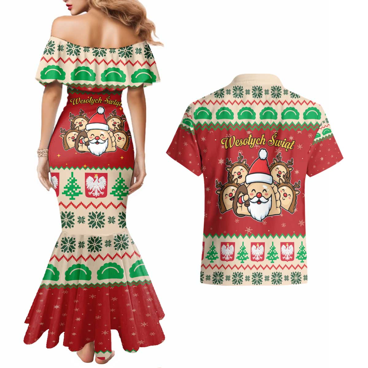Poland Christmas Couples Matching Mermaid Dress and Hawaiian Shirt Pierogi Mascot Santa Claus Wesołych Swiat - Wonder Print Shop