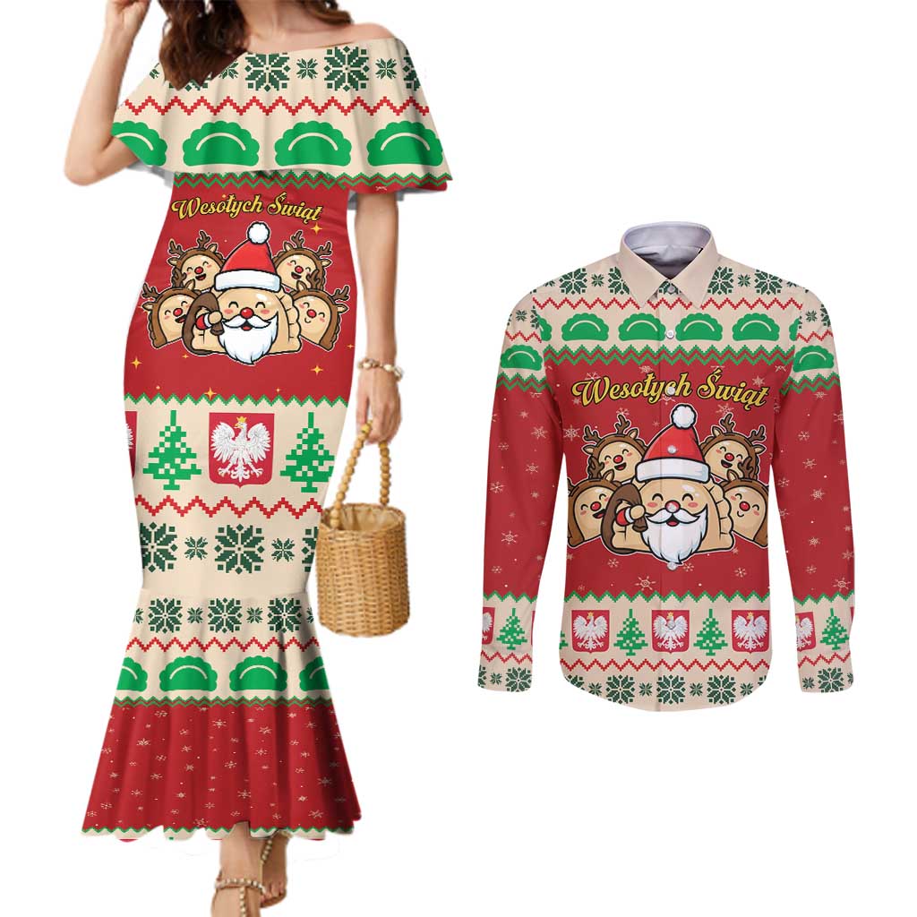 Poland Christmas Couples Matching Mermaid Dress and Long Sleeve Button Shirt Pierogi Mascot Santa Claus Wesołych Swiat - Wonder Print Shop