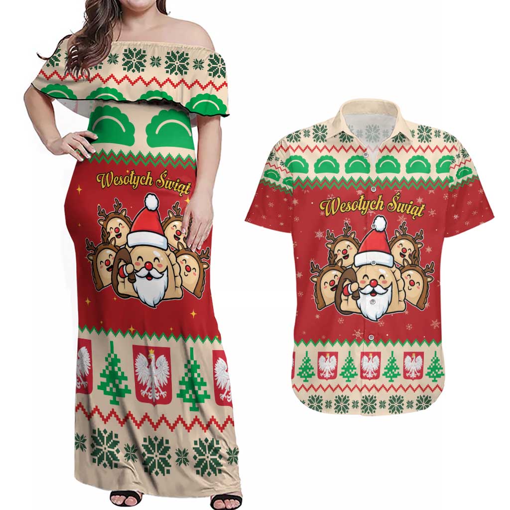 Poland Christmas Couples Matching Off Shoulder Maxi Dress and Hawaiian Shirt Pierogi Mascot Santa Claus Wesołych Swiat - Wonder Print Shop