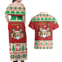 Poland Christmas Couples Matching Off Shoulder Maxi Dress and Hawaiian Shirt Pierogi Mascot Santa Claus Wesołych Swiat - Wonder Print Shop