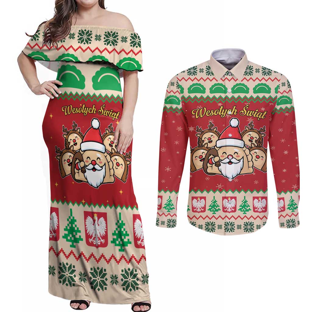 Poland Christmas Couples Matching Off Shoulder Maxi Dress and Long Sleeve Button Shirt Pierogi Mascot Santa Claus Wesołych Swiat - Wonder Print Shop