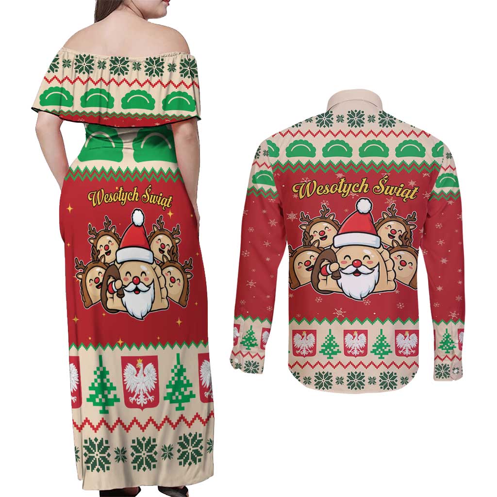 Poland Christmas Couples Matching Off Shoulder Maxi Dress and Long Sleeve Button Shirt Pierogi Mascot Santa Claus Wesołych Swiat - Wonder Print Shop