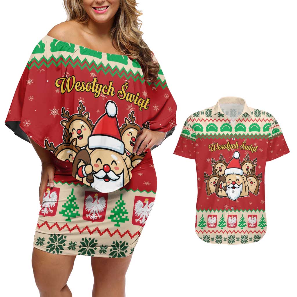 Poland Christmas Couples Matching Off Shoulder Short Dress and Hawaiian Shirt Pierogi Mascot Santa Claus Wesołych Swiat - Wonder Print Shop