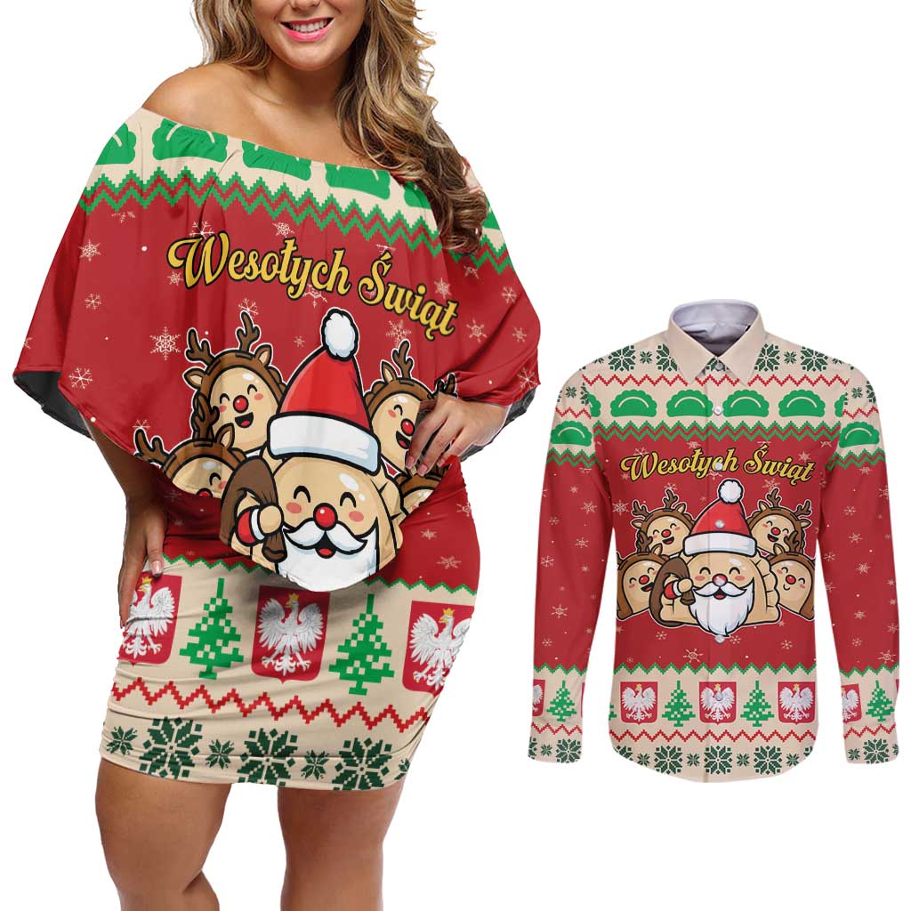 Poland Christmas Couples Matching Off Shoulder Short Dress and Long Sleeve Button Shirt Pierogi Mascot Santa Claus Wesołych Swiat - Wonder Print Shop