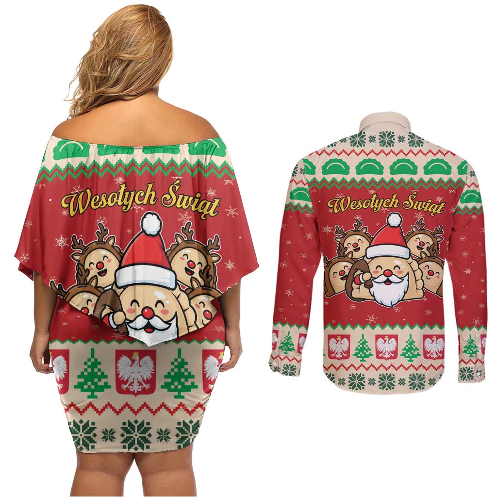 Poland Christmas Couples Matching Off Shoulder Short Dress and Long Sleeve Button Shirt Pierogi Mascot Santa Claus Wesołych Swiat - Wonder Print Shop