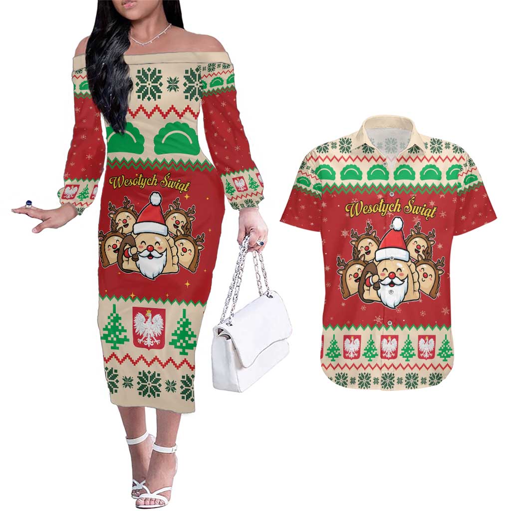 Poland Christmas Couples Matching Off The Shoulder Long Sleeve Dress and Hawaiian Shirt Pierogi Mascot Santa Claus Wesołych Swiat - Wonder Print Shop