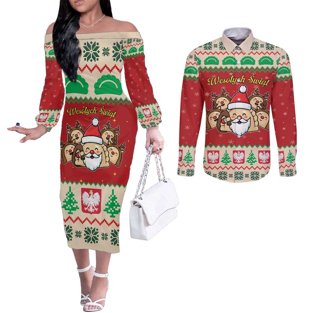 Poland Christmas Couples Matching Off The Shoulder Long Sleeve Dress and Long Sleeve Button Shirt Pierogi Mascot Santa Claus Wesołych Swiat - Wonder Print Shop