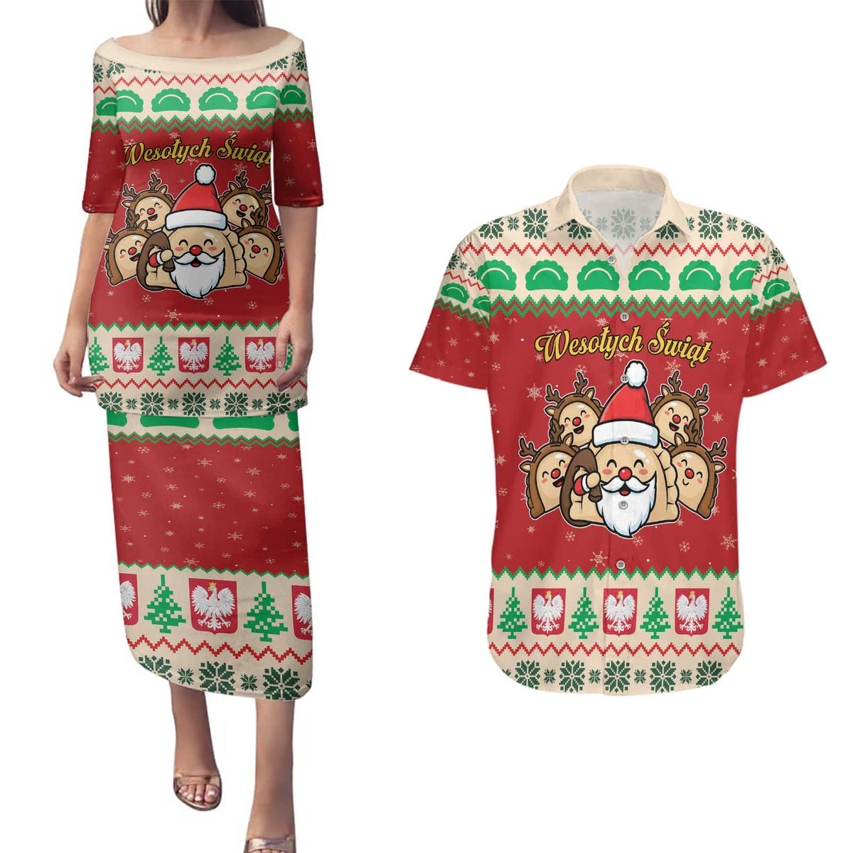 Poland Christmas Couples Matching Puletasi and Hawaiian Shirt Pierogi Mascot Santa Claus Wesołych Swiat - Wonder Print Shop