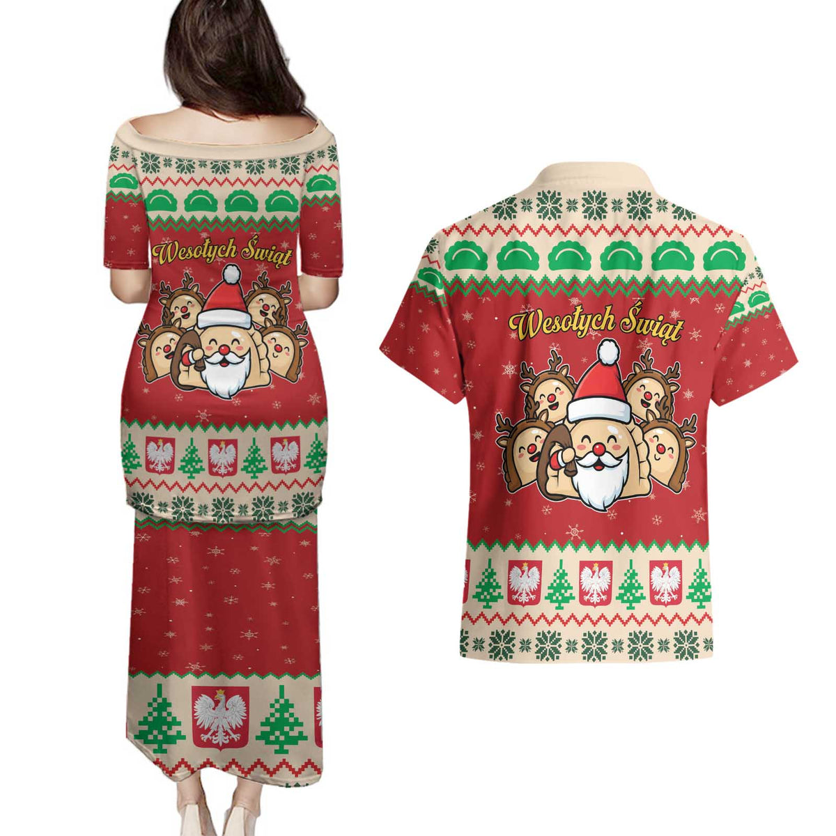 Poland Christmas Couples Matching Puletasi and Hawaiian Shirt Pierogi Mascot Santa Claus Wesołych Swiat - Wonder Print Shop