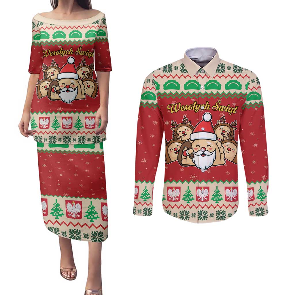 Poland Christmas Couples Matching Puletasi and Long Sleeve Button Shirt Pierogi Mascot Santa Claus Wesołych Swiat - Wonder Print Shop