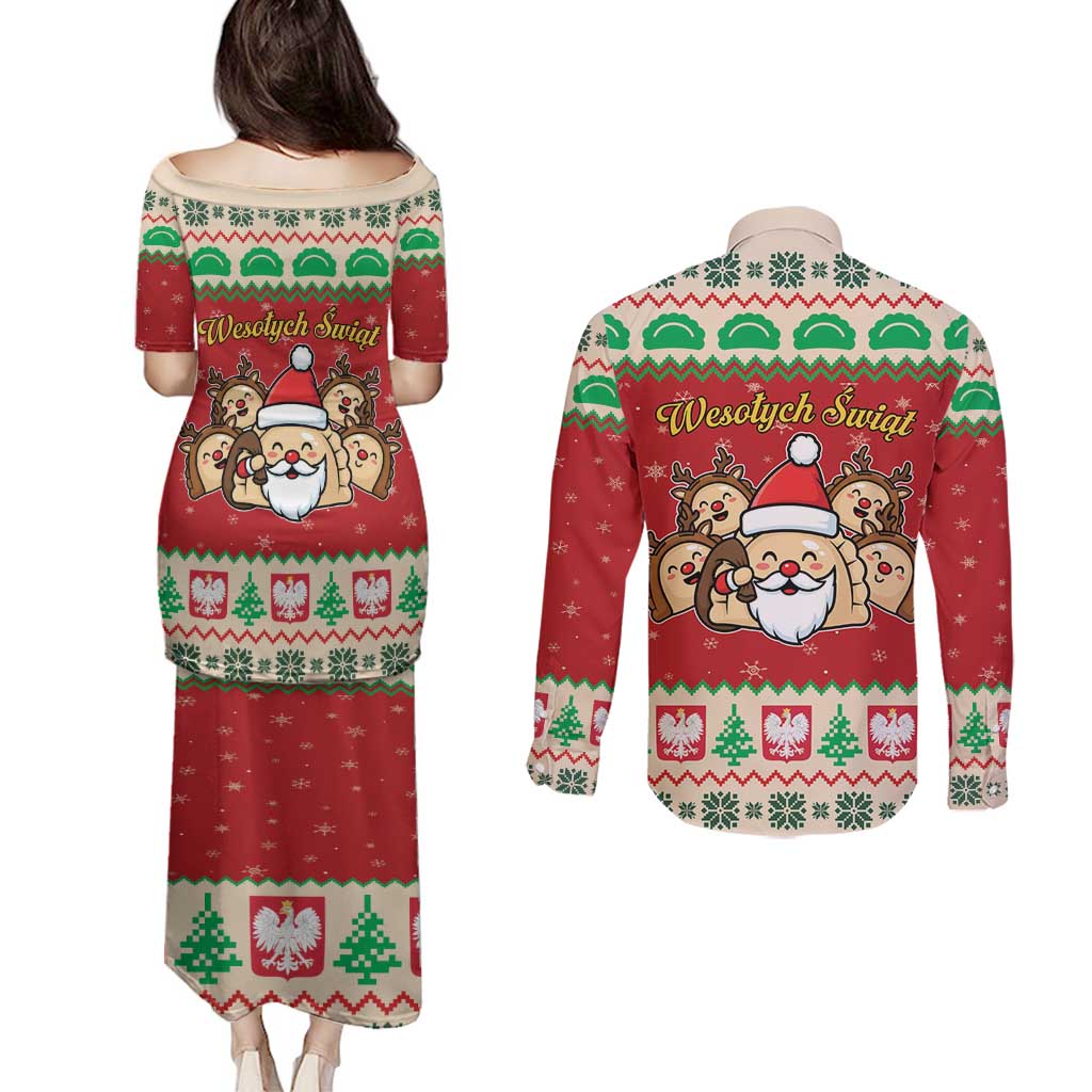 Poland Christmas Couples Matching Puletasi and Long Sleeve Button Shirt Pierogi Mascot Santa Claus Wesołych Swiat - Wonder Print Shop