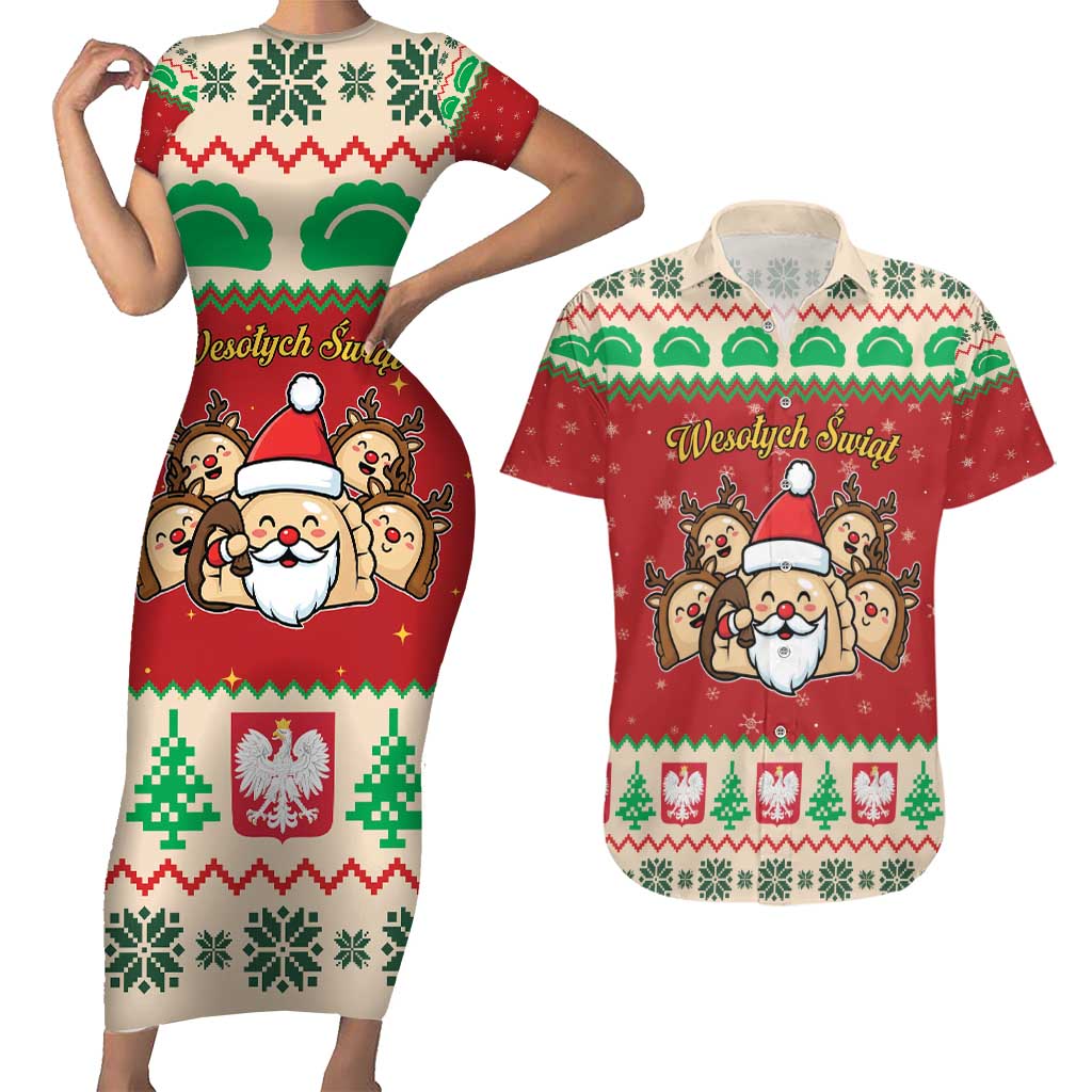 Poland Christmas Couples Matching Short Sleeve Bodycon Dress and Hawaiian Shirt Pierogi Mascot Santa Claus Wesołych Swiat - Wonder Print Shop