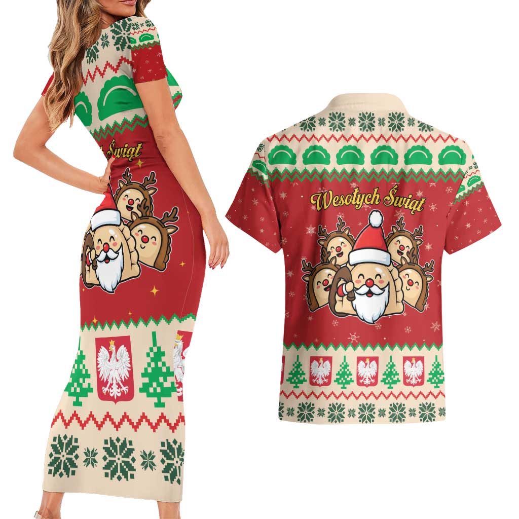 Poland Christmas Couples Matching Short Sleeve Bodycon Dress and Hawaiian Shirt Pierogi Mascot Santa Claus Wesołych Swiat - Wonder Print Shop