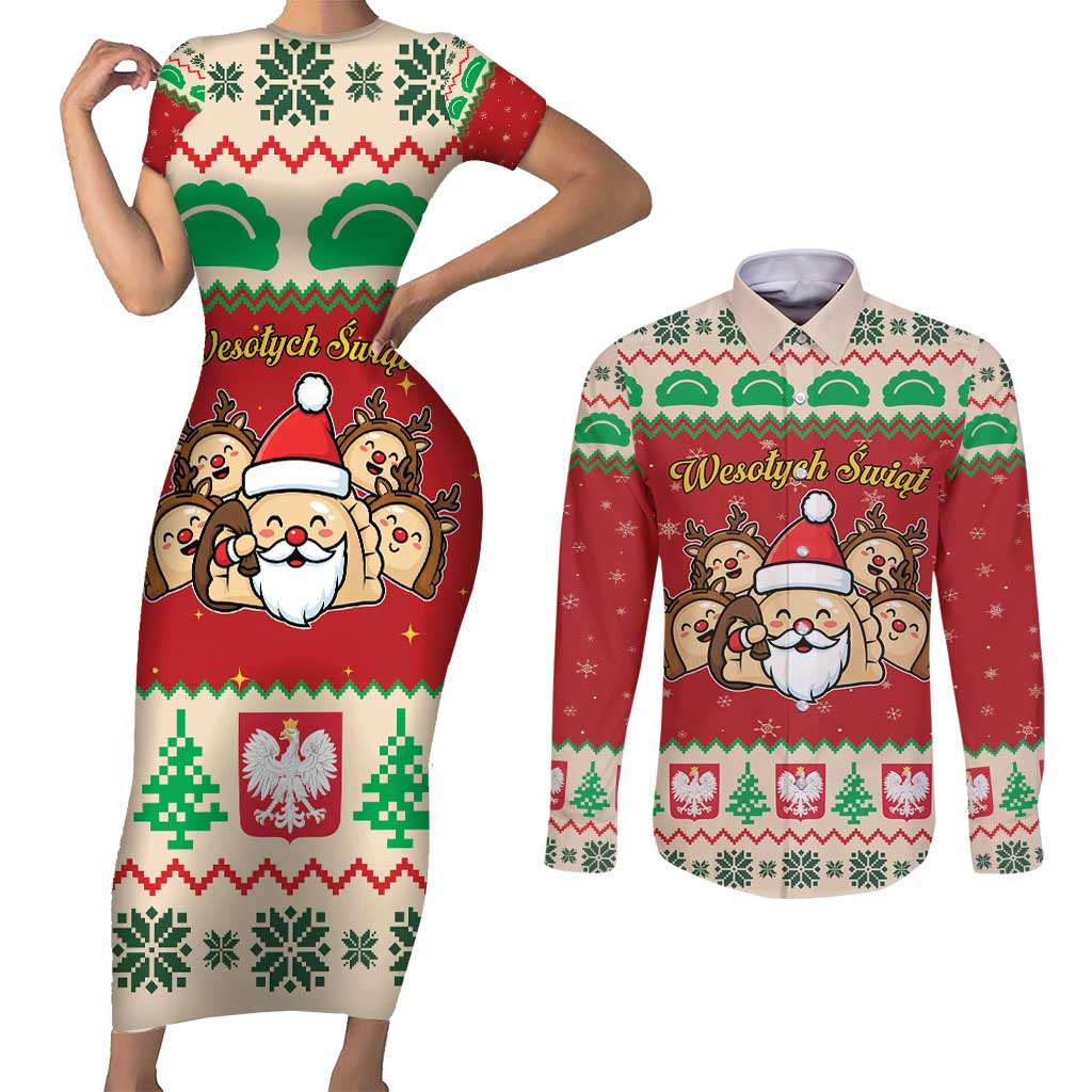 Poland Christmas Couples Matching Short Sleeve Bodycon Dress and Long Sleeve Button Shirt Pierogi Mascot Santa Claus Wesołych Swiat - Wonder Print Shop