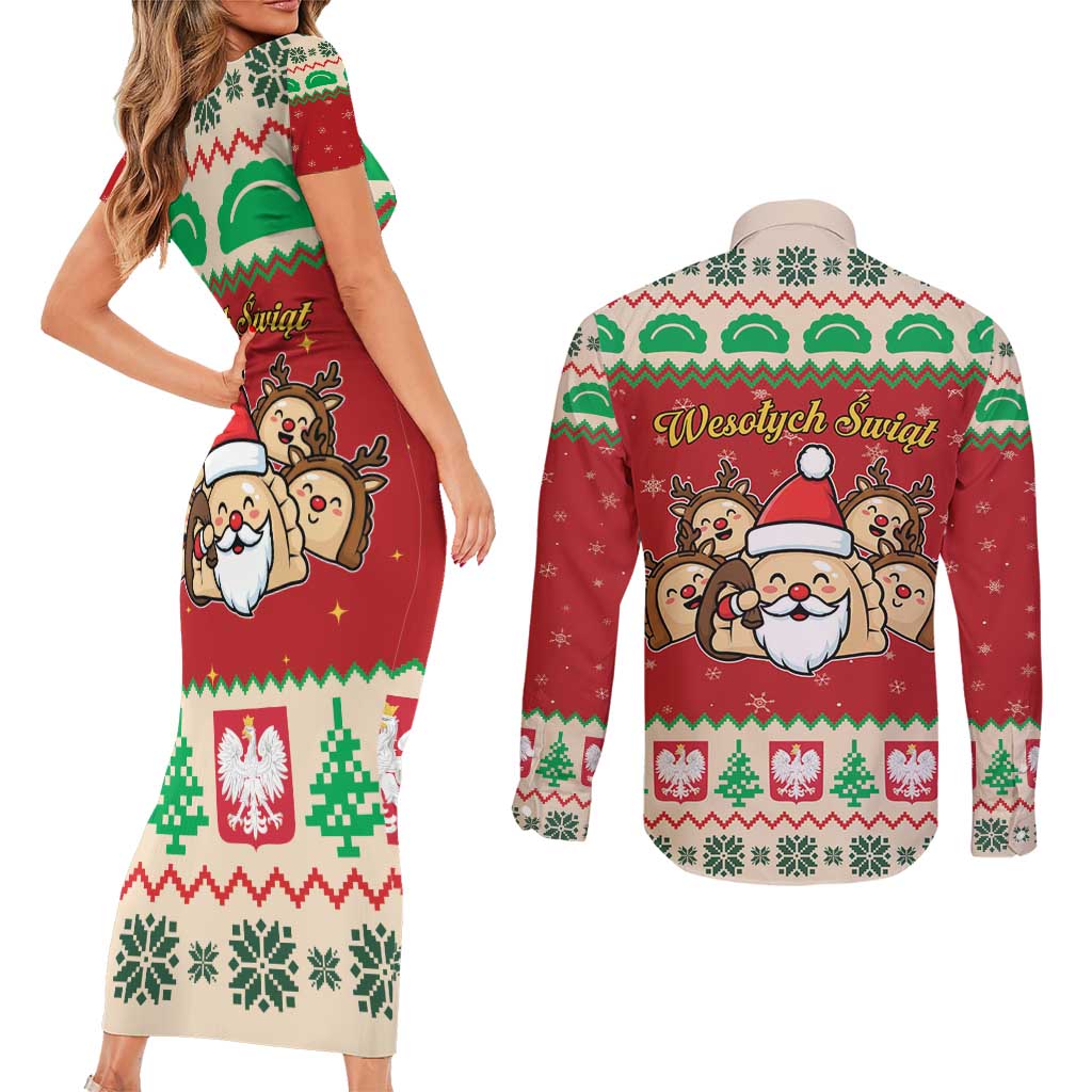 Poland Christmas Couples Matching Short Sleeve Bodycon Dress and Long Sleeve Button Shirt Pierogi Mascot Santa Claus Wesołych Swiat - Wonder Print Shop